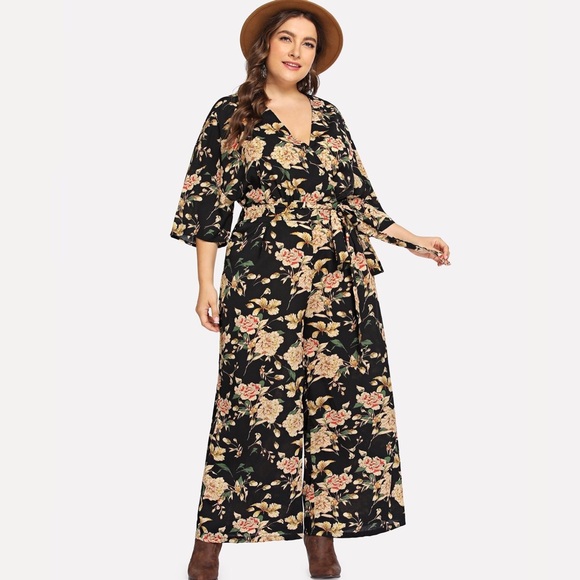 Pants - Plus Surplice Neck Wide Leg Botanical Overall